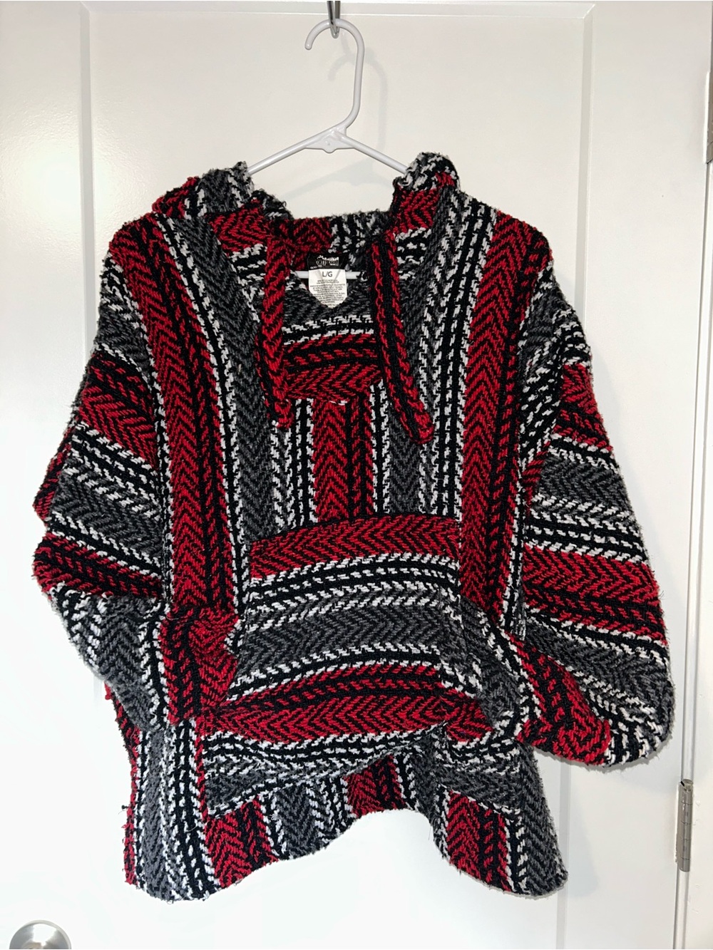 Striped Hooded Baja Sweater in Red, Black & White